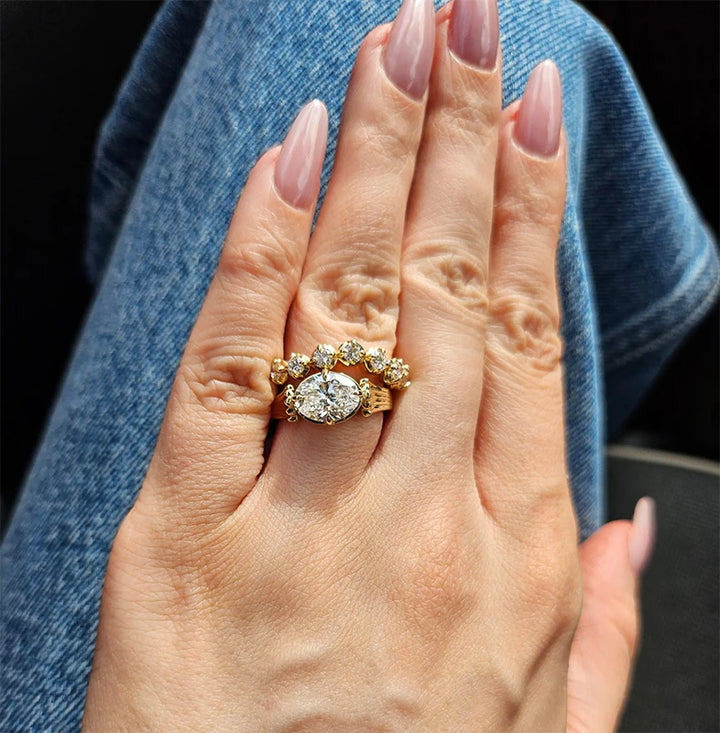 1.5ct Oval Diamond Vintage Ring with Matching 6-Stone Stacking Ring in 10K Solid Yellow Gold