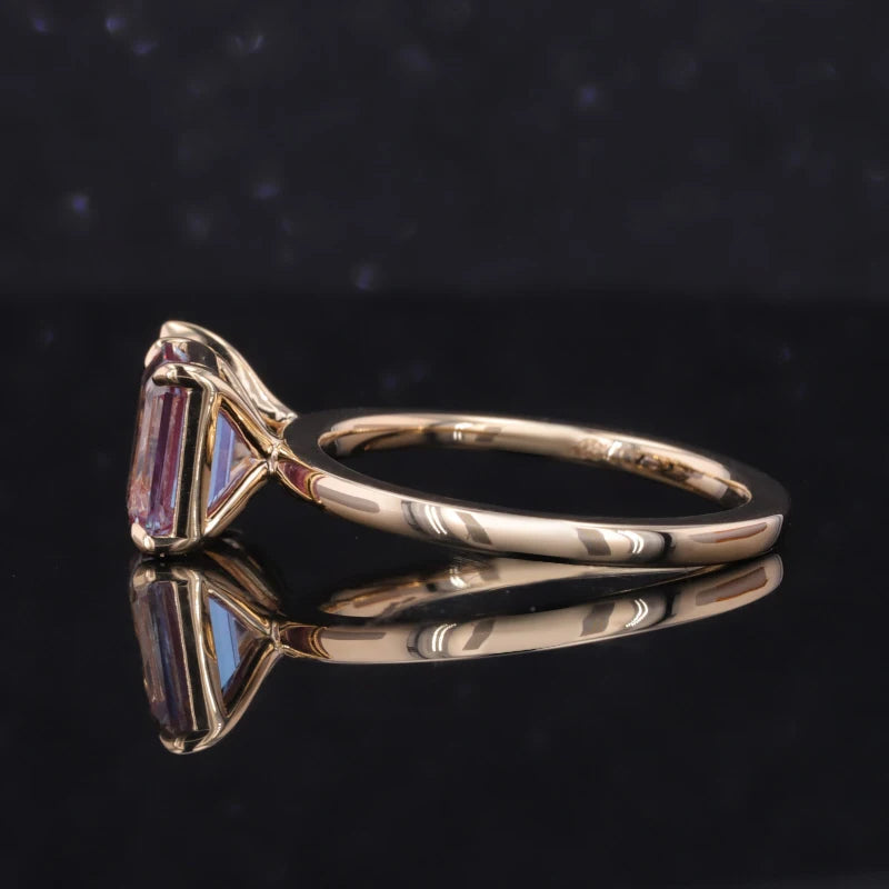 6*8mm Emerald Cut Alexandrite and 6*8mm Pear Cut Moissanite Toi Et Moi Ring in Solid 14K Yellow Gold