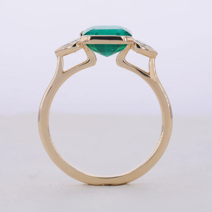 8x8mm, 2.00ct Asscher Lab-Grown Colombian Emerald with Pear Diamonds Three-Stone Ring in 14K Yellow Gold