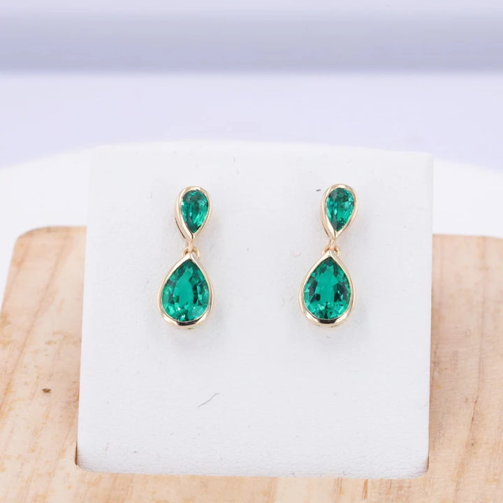 3x5mm and 1.5x3mm, 2.00ctw Pear Lab-Grown Colombian Emerald Dangle Earrings in 14K Yellow Gold