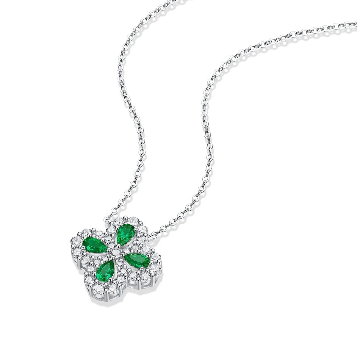 3*4mm Emerald Clover Pendant/Necklace in 18k White Gold-Plated 925 Sterling Silver