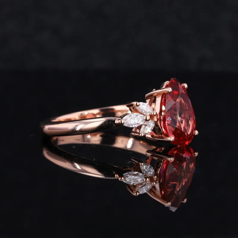 7x10mm, 3.00ct Pear Cut Ruby with Marquise Diamond Accents in 14K Solid Rose Gold