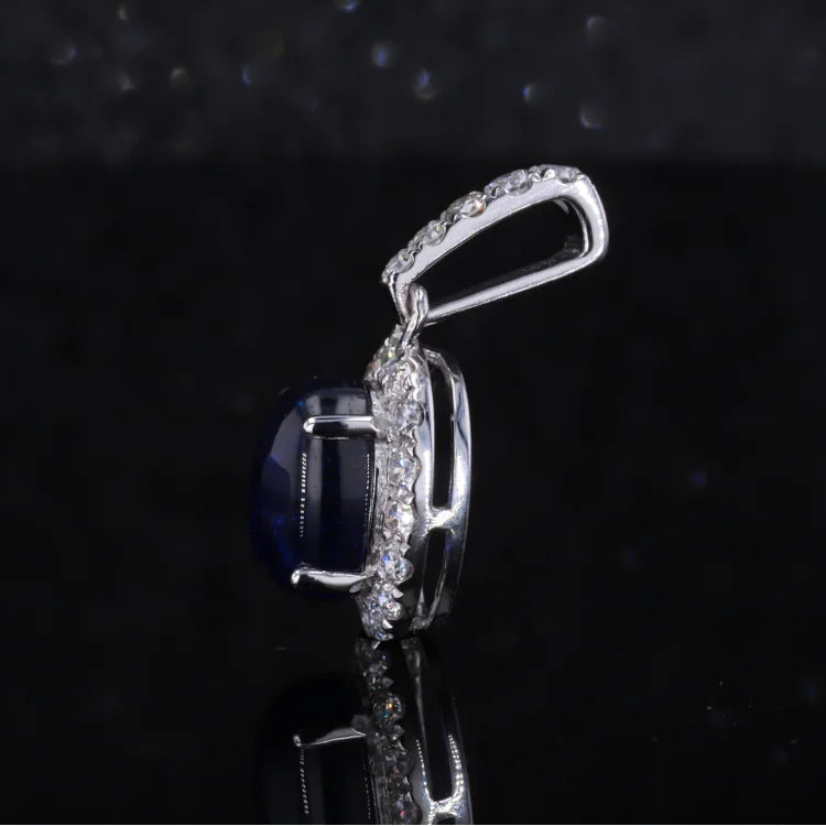 6x8mm, 1.80ct Oval Cabochon Lab-Grown Blue Sapphire with Diamond Halo Pendant in 14K White Gold
