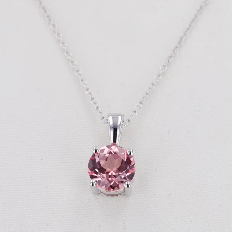 8mm Round Pink Sapphire Solitaire Pendant in 14k Solid White Gold