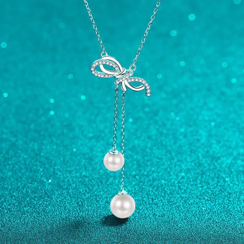 6mm, 8mm Pearls and Moissanite Dangle Ribbon Pendant Necklace in Platinum Plated 925 Silver