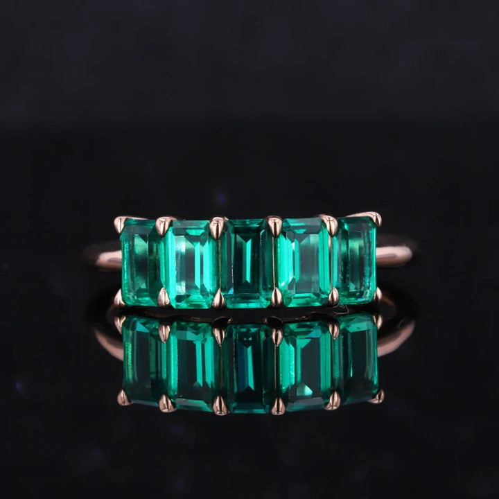 3x5mm, 1.20ctw Lab-Grown Zambian Emerald Five-Stone Ring in 14K Rose Gold