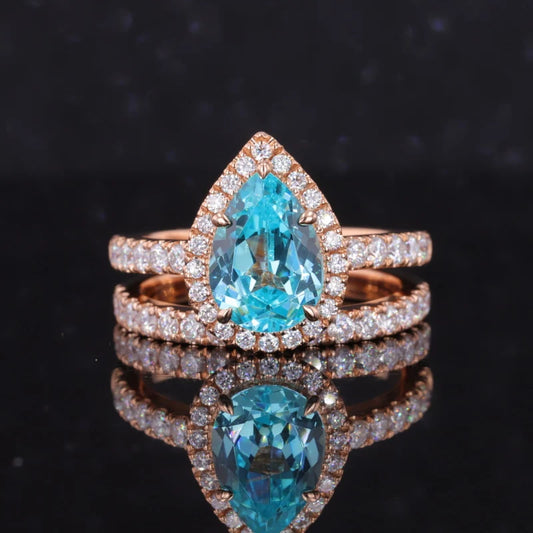 7*10mm Pear Cut Paraiba Moissanite Halo Half Eternity Ring with Staking Wedding Band in 18K Solid Rose Gold