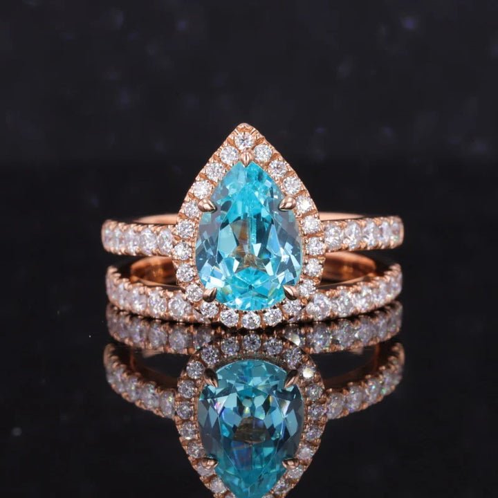 7x10mm Pear Cut Paraiba Diamond Halo/Half Eternity Ring with Staking Band in 18K Solid Rose Gold