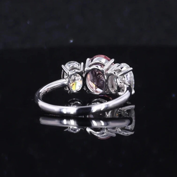 7x9mm, 2.50ct Oval Lab-Grown Sakura Pink Sapphire with Diamonds Three-Stone Ring in 14K White Gold