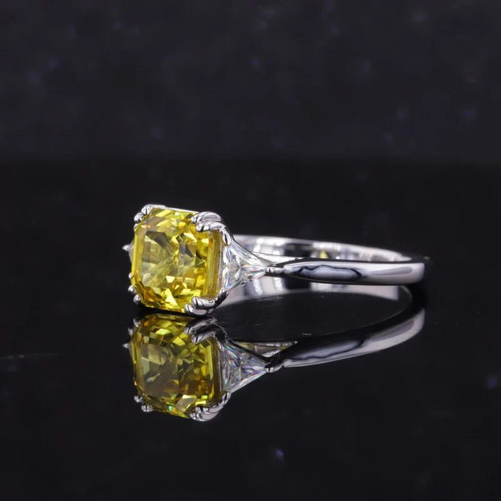 7mm, 2.50ct Asscher Lab-Grown Yellow Sapphire with Diamonds Three-Stone Ring in 14K White Gold