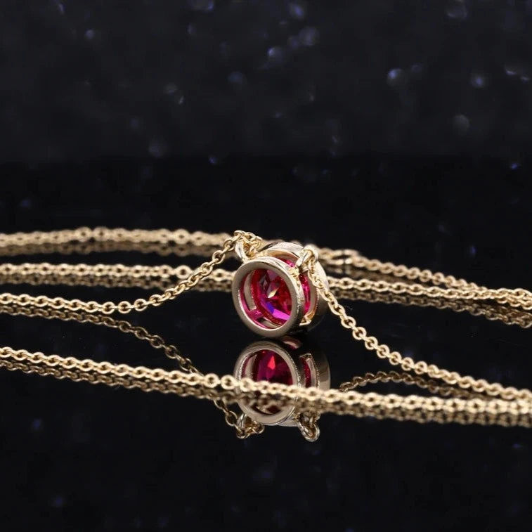 Round Cut Bezel Set 6.5mm Ruby Pendant Necklace in 10K Solid Yellow Gold
