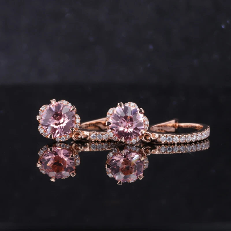6x6mm, 1.25ct Each Pentagon Lab-Grown Pink Sapphire Hoop with Diamond Dangle Earrings in 14K Rose Gold
