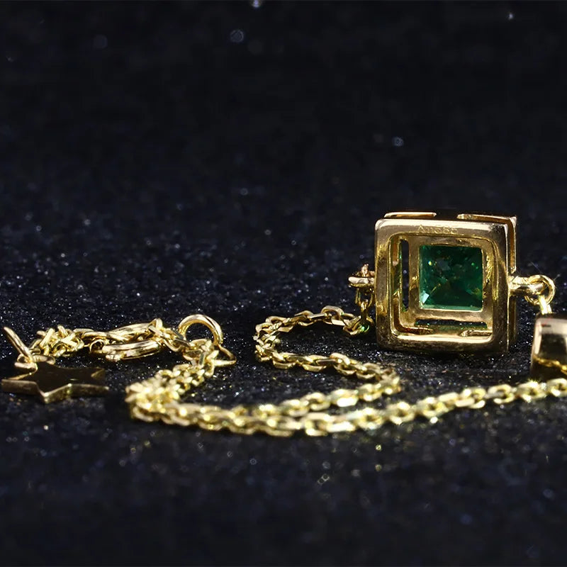 8*8mm Square Cut Emerald Pendant with Diamond in 14K Solid Yellow Gold