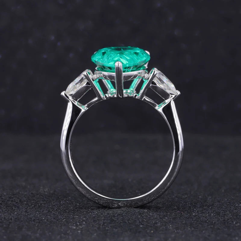 10x16mm, 12ct Pear Lab-Grown Colombian Emerald with Diamond Three-Stone Ring in 18K White Gold