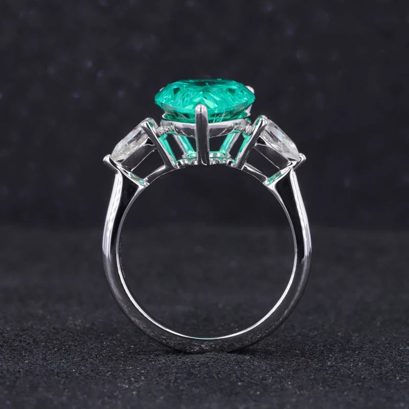 10*16mm Pear Cut Columbian Emerald With Moissanite Ring in 18K Solid White Gold
