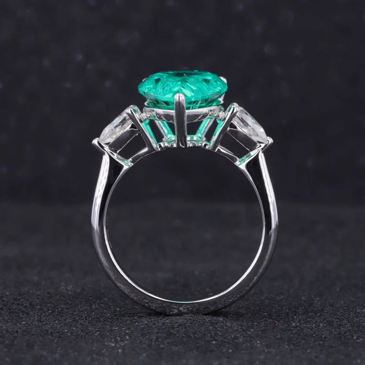 10x16mm, 12ct Pear Lab-Grown Colombian Emerald with Diamond Three-Stone Ring in 18K White Gold