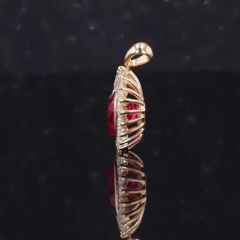 7mm, 2.00ct Heart Lab-Grown Red Ruby Pendant with Diamond Accents in 14K Yellow Gold