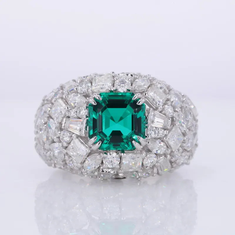 8.5*8.5mm Asscher Cut Zambian Green Emerald with All-Cut Moissanite on Band Ring in 18K Solid White Gold