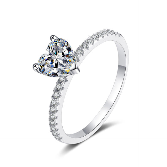 6.5mm Heart Moissanite Ring with Petite Accents in White Gold-Plated 925 Silver