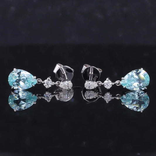 5*7mm Pear Cut Paraiba with Moissanite Dangle Earrings in 14K Solid White Gold