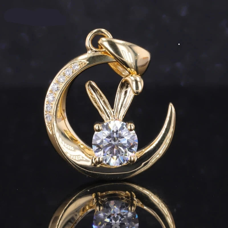 1ct Round Cut Moissanite Rabbit and Moon Pendant Necklace in 18K Solid Yellow Gold