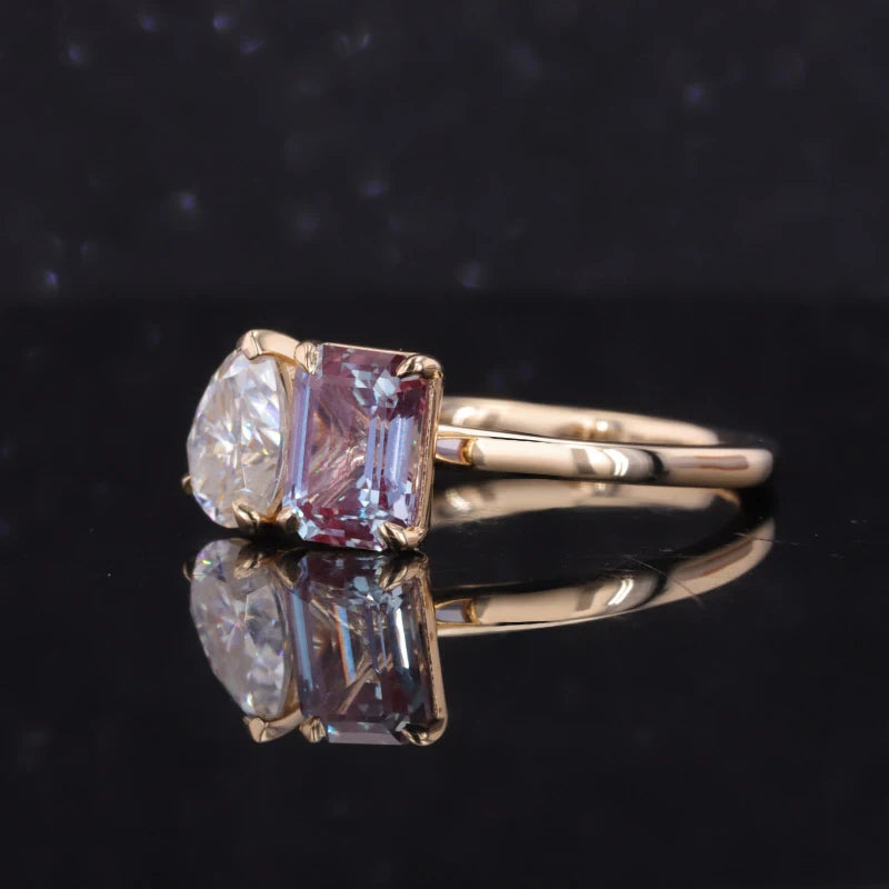 6*8mm Emerald Cut Alexandrite and 6*8mm Pear Cut Moissanite Toi Et Moi Ring in Solid 14K Yellow Gold
