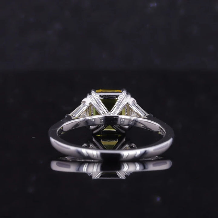 7mm, 2.50ct Asscher Lab-Grown Yellow Sapphire with Diamonds Three-Stone Ring in 14K White Gold