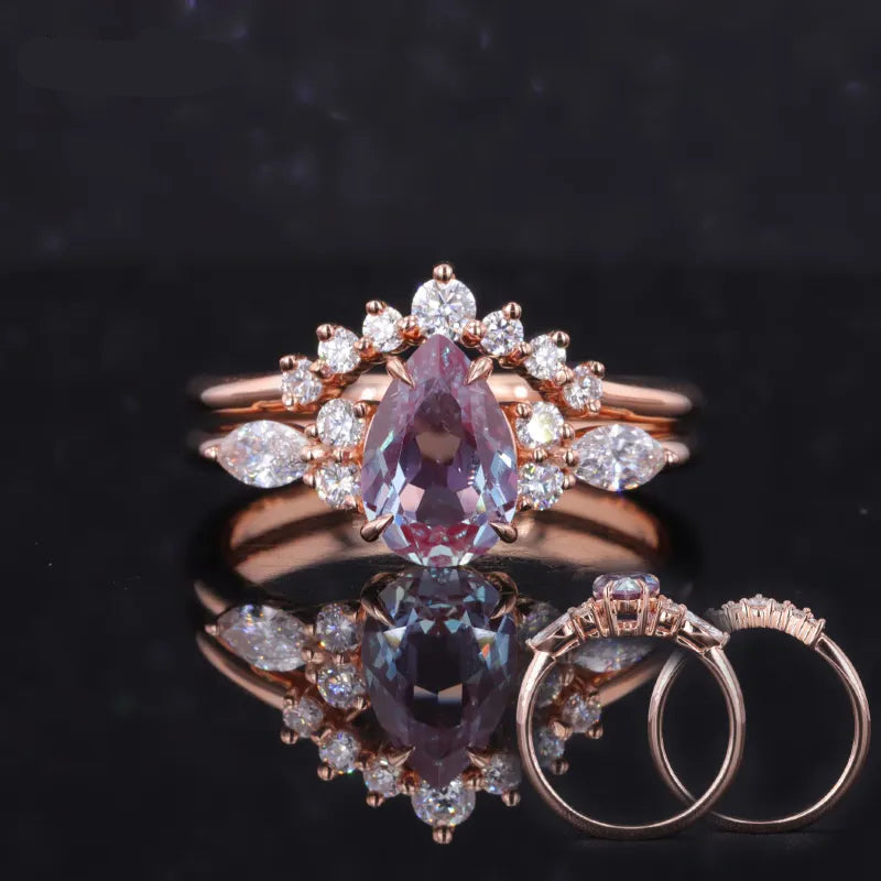 6*9mm, 1.60ct Pear Cut Alexandrite Ring with Diamond Stacking Band in 14K Solid Rose Gold