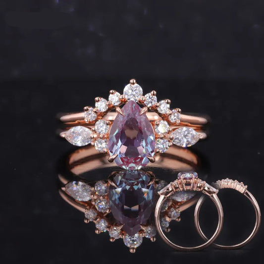 6*9mm, 1.60ct Pear Cut Alexandrite Ring with Diamond Stacking Band in 14K Solid Rose Gold