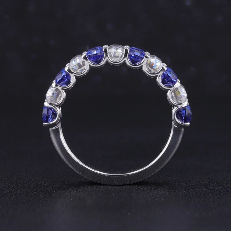 3x5mm, 3.35ctw Oval Lab-Grown Blue Sapphire & Diamond Alternating Half-Eternity Ring in 14K White Gold