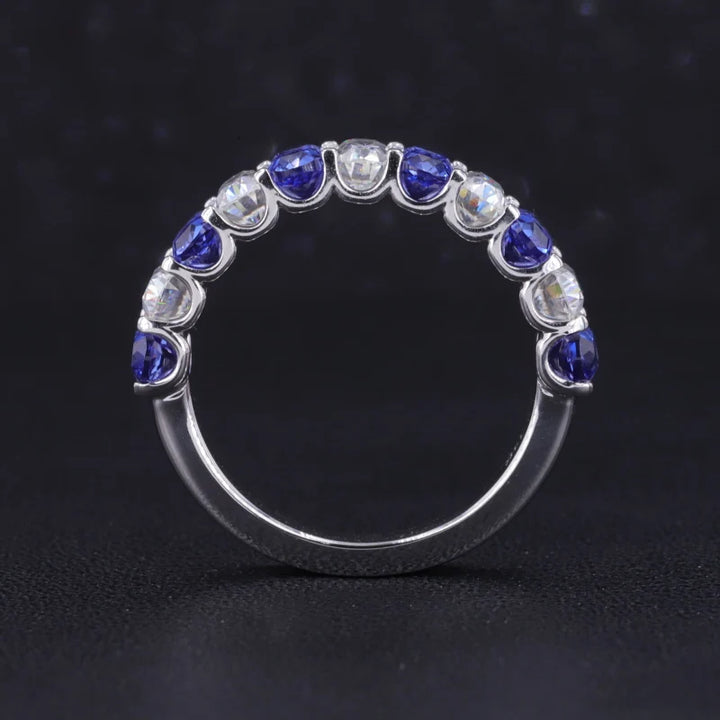 3x5mm, 3.35ctw Oval Lab-Grown Blue Sapphire & Diamond Alternating Half-Eternity Ring in 14K White Gold