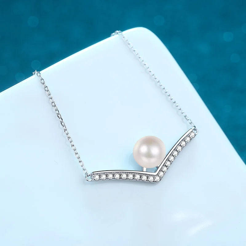 Pearl Moissanite V Design Pendant Necklace in Platinum plated 925 silver