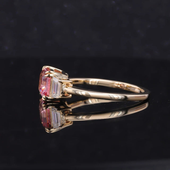9x11mm, 6.10ct Emerald Lab-Grown Padparadscha Pink Sapphire with Diamonds Three-Stone Ring in 14K Yellow Gold