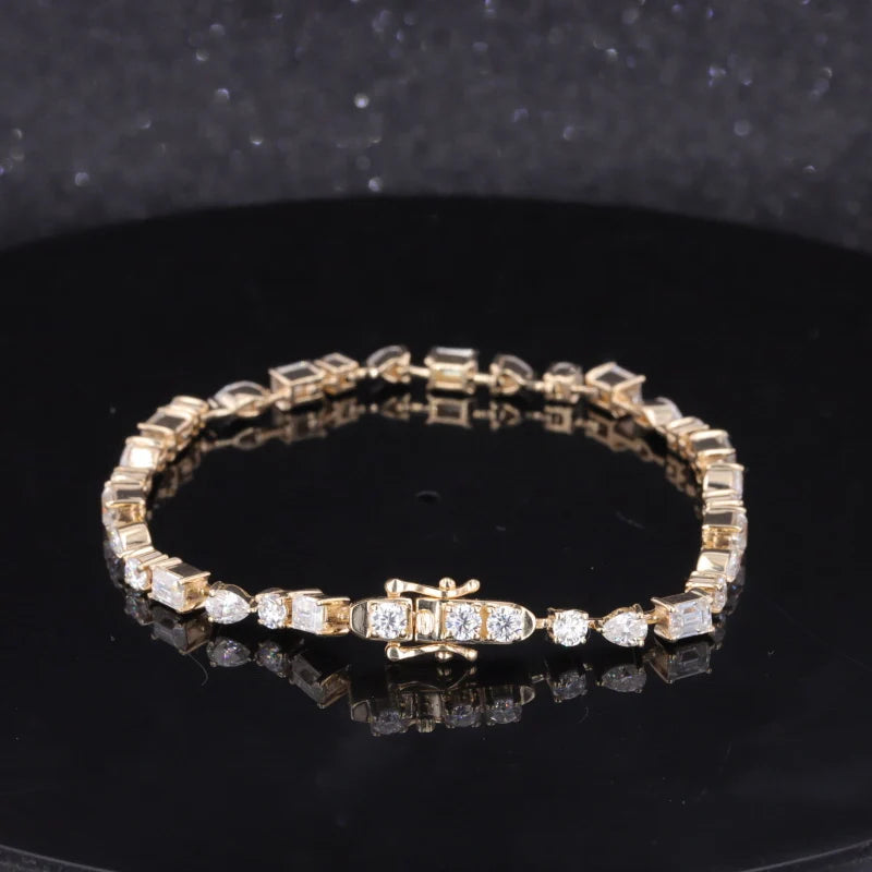 Round, Pear, Emerald Cut Moissanite Tennis Bracelet in 14K Solid White/Yellow Gold