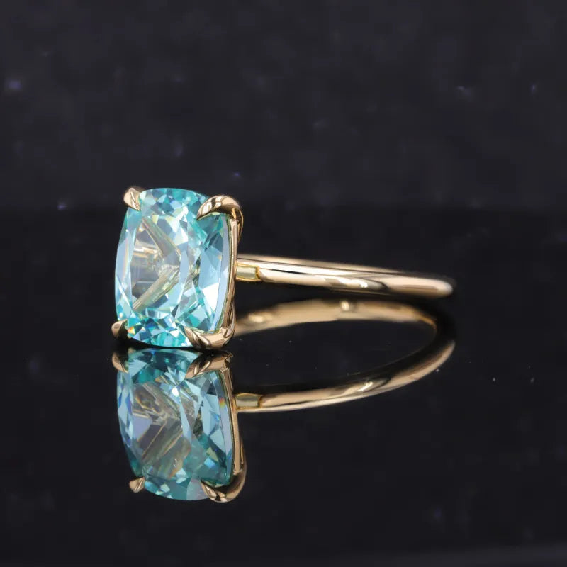 9x11mm Cushion Cut Paraiba Tourmaline Solitaire Ring in 14K Solid Yellow Gold