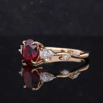 7x9mm, 2.50ct Oval Lab-Grown Red Ruby Ring with Floral Diamond Band in 14K Yellow Gold
