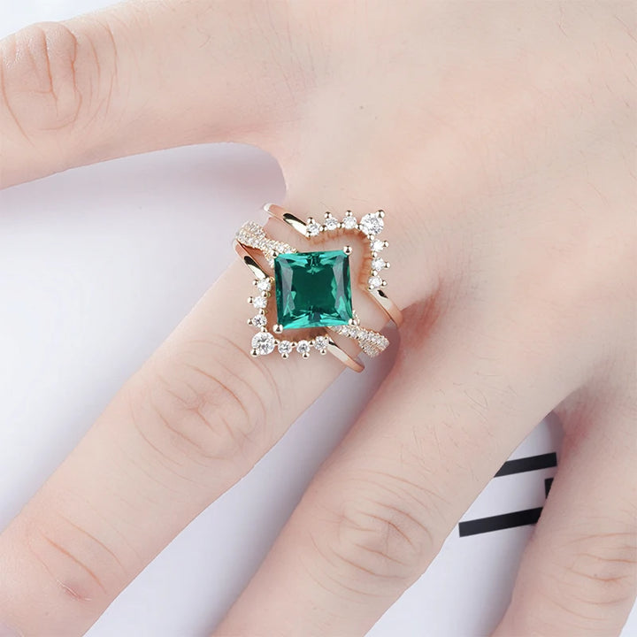 8x8mm, 2.20ct Princess Lab-Grown Colombian Emerald with Twisted-Pavé Band Ring with Two Stacking Diamond Rings in 14K Yellow Gold