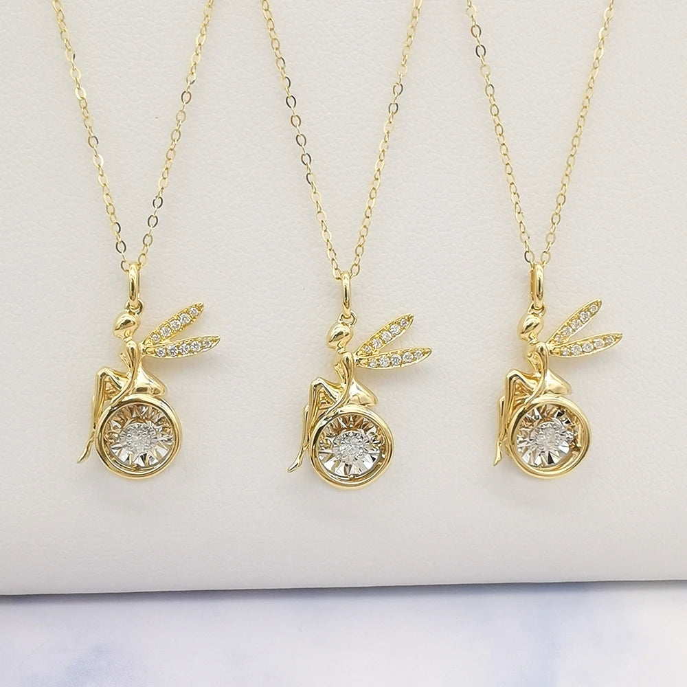 Fairy Pendant Necklace with 0.05ct Dancing Diamond in 18K Solid Yellow Gold