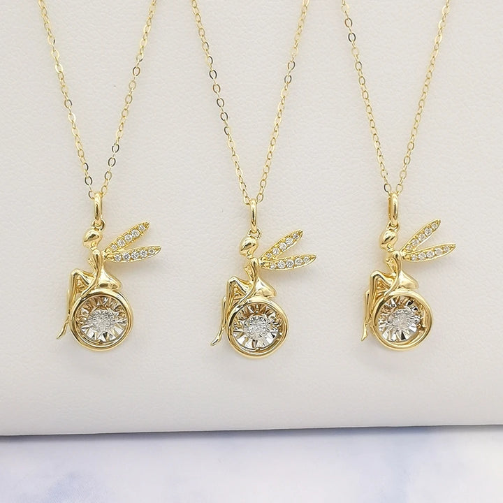 Fairy Pendant Necklace with 0.05ct Dancing Diamond in 18K Solid Yellow Gold