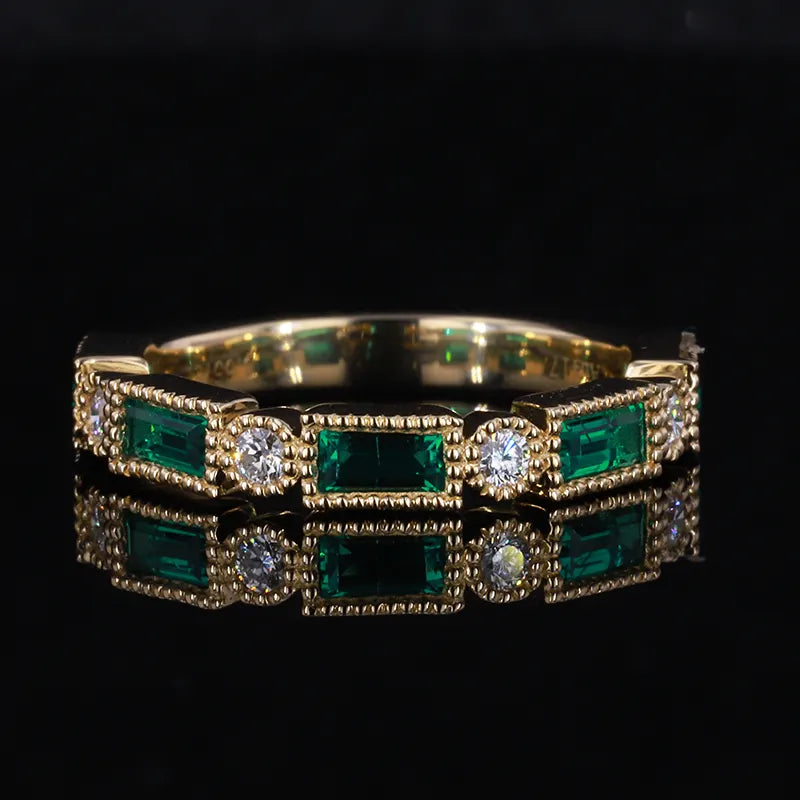2x5mm Each, 0.75ctw Baguette Lab-Grown Colombian Emerald with Diamond Half-Eternity Band Ring in 14K Yellow Gold