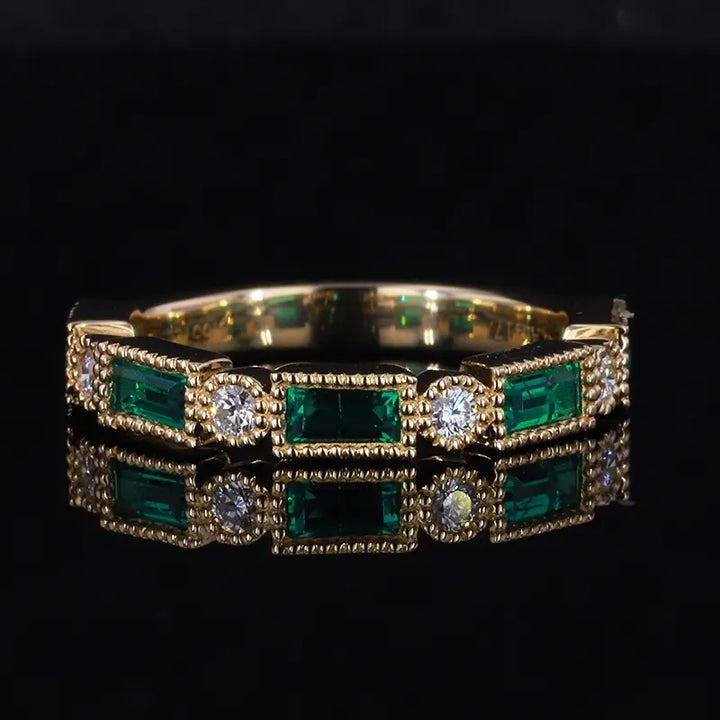 2x5mm Each, 0.75ctw Baguette Lab-Grown Colombian Emerald with Diamond Half-Eternity Band Ring in 14K Yellow Gold