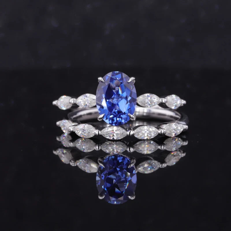 5*7mm Oval Cut Blue Sapphire Ring with Marquise Moissanite in 14K Solid White Gold