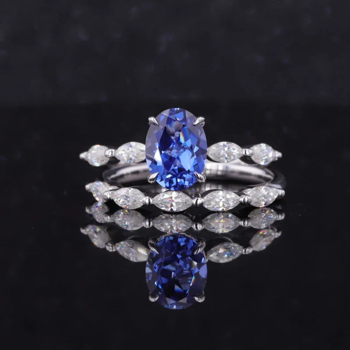 5x7mm, 1.10ct Oval Lab-Grown Blue Sapphire with Marquise Diamond 5-Stone Ring with Stacking Band in 14K White Gold