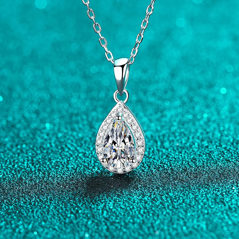 Pear Moissanite with Halo Pendant Necklace in Platinum plated 925 silver