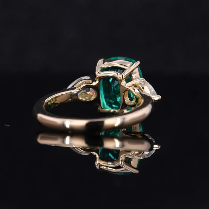 8x10mm, 3.00ct Cushion Lab-Grown Colombian Emerald with Diamonds Three-Stone Ring in 14K Yellow Gold