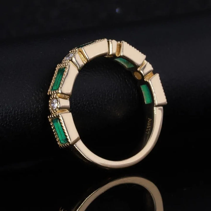 2x5mm Each, 0.75ctw Baguette Lab-Grown Colombian Emerald with Diamond Half-Eternity Band Ring in 14K Yellow Gold