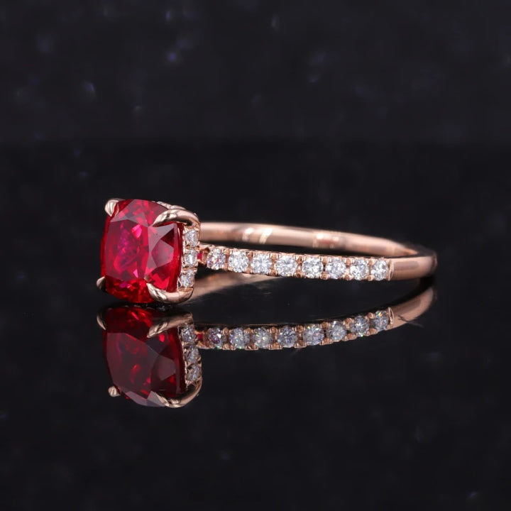 7mm, 2.00ct Asscher Lab-Grown Ruby with Half-Eternity Diamond Ring in 14K Rose Gold