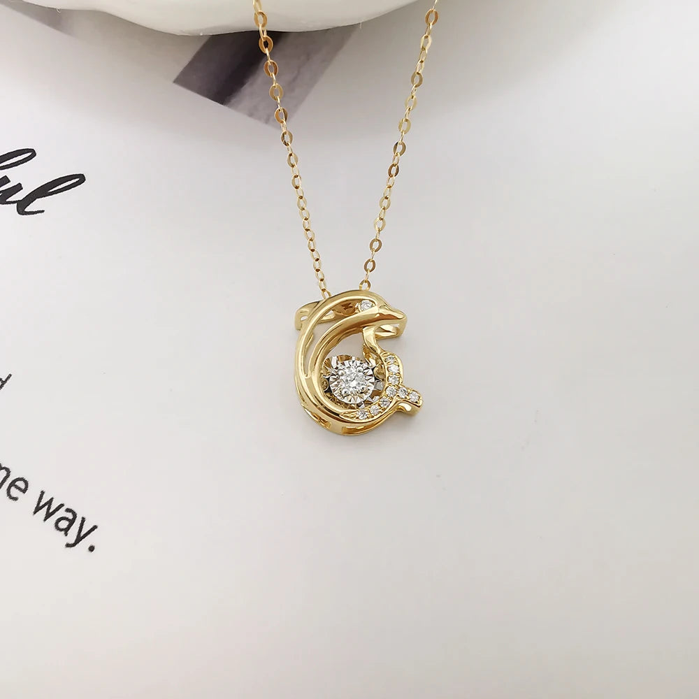 Dolphin Pendant Necklace with Dancing Diamond in 18K Solid Yellow Gold