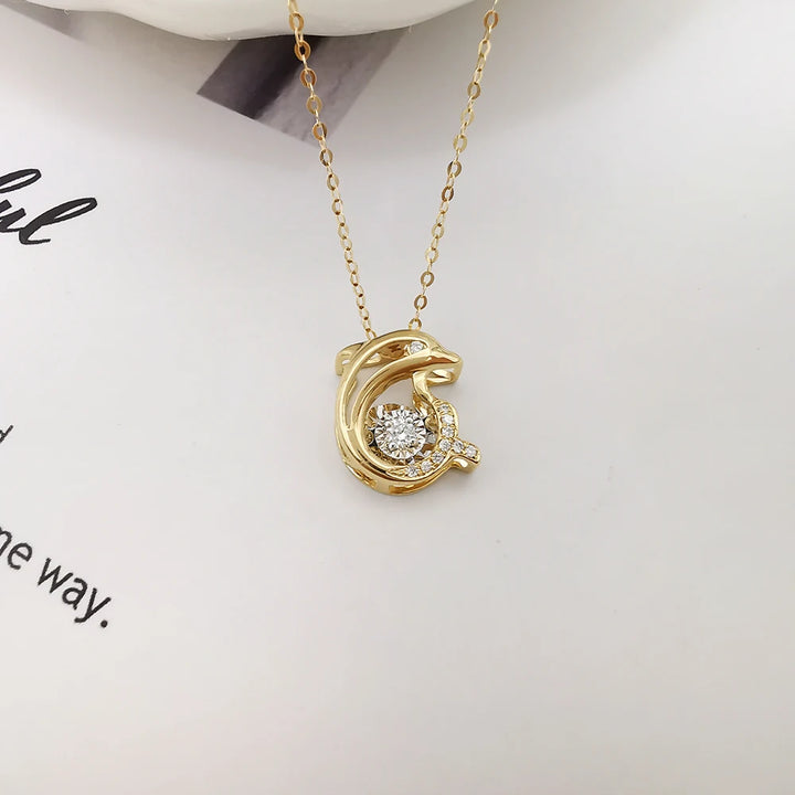 Dolphin Pendant Necklace with Dancing Diamond in 18K Solid Yellow Gold