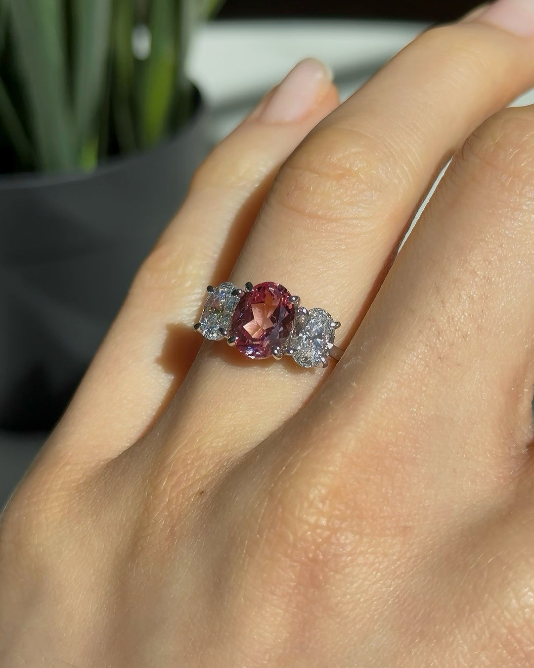 2.50ct Oval-Cut Sakura Pink Sapphire Three-Stone Ring, "The It Girl"
